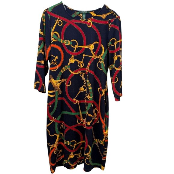 LAUREN Ralph Lauren Tee Dress M/L Navy Blue Equestrian Links Preppy Print - Picture 1 of 11
